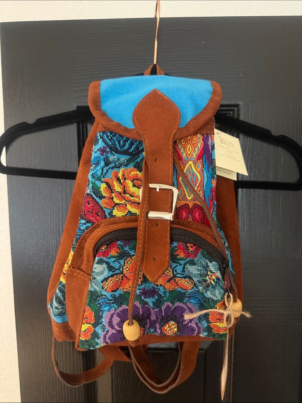 Boho Floral Embroidered Suede Backpack - Turquoise & Brown